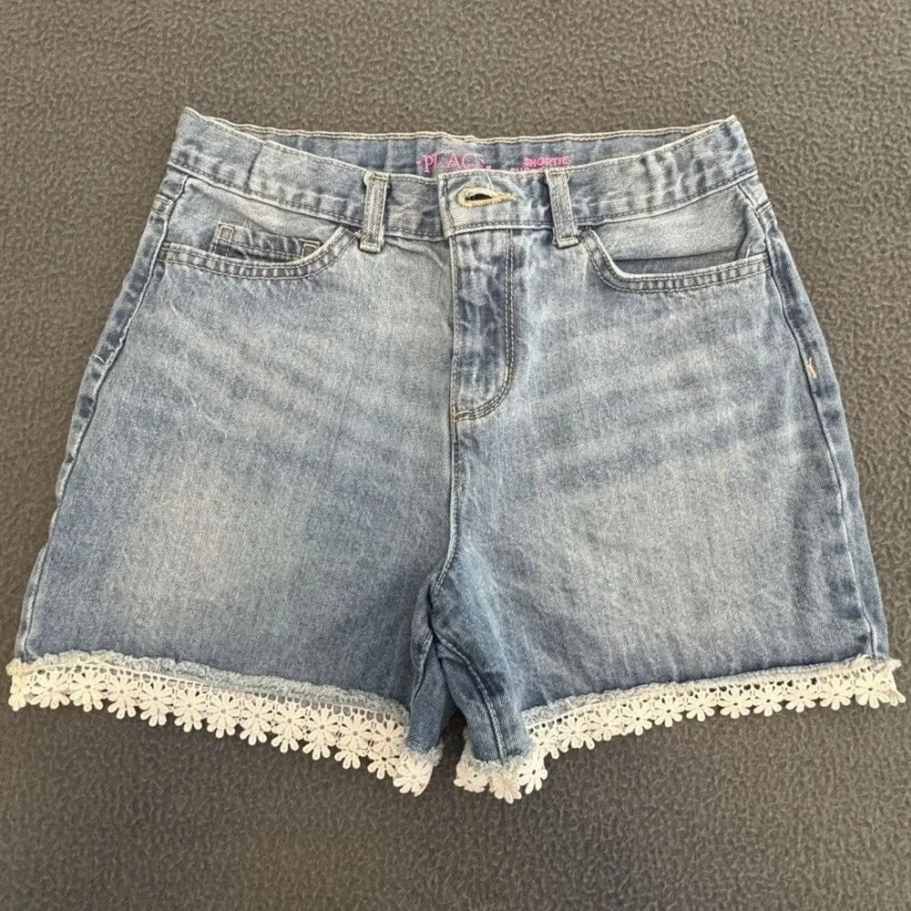 The Children's Place Girls Light Wash Denim Shortie Shorts Lace Hem 12 Pockets